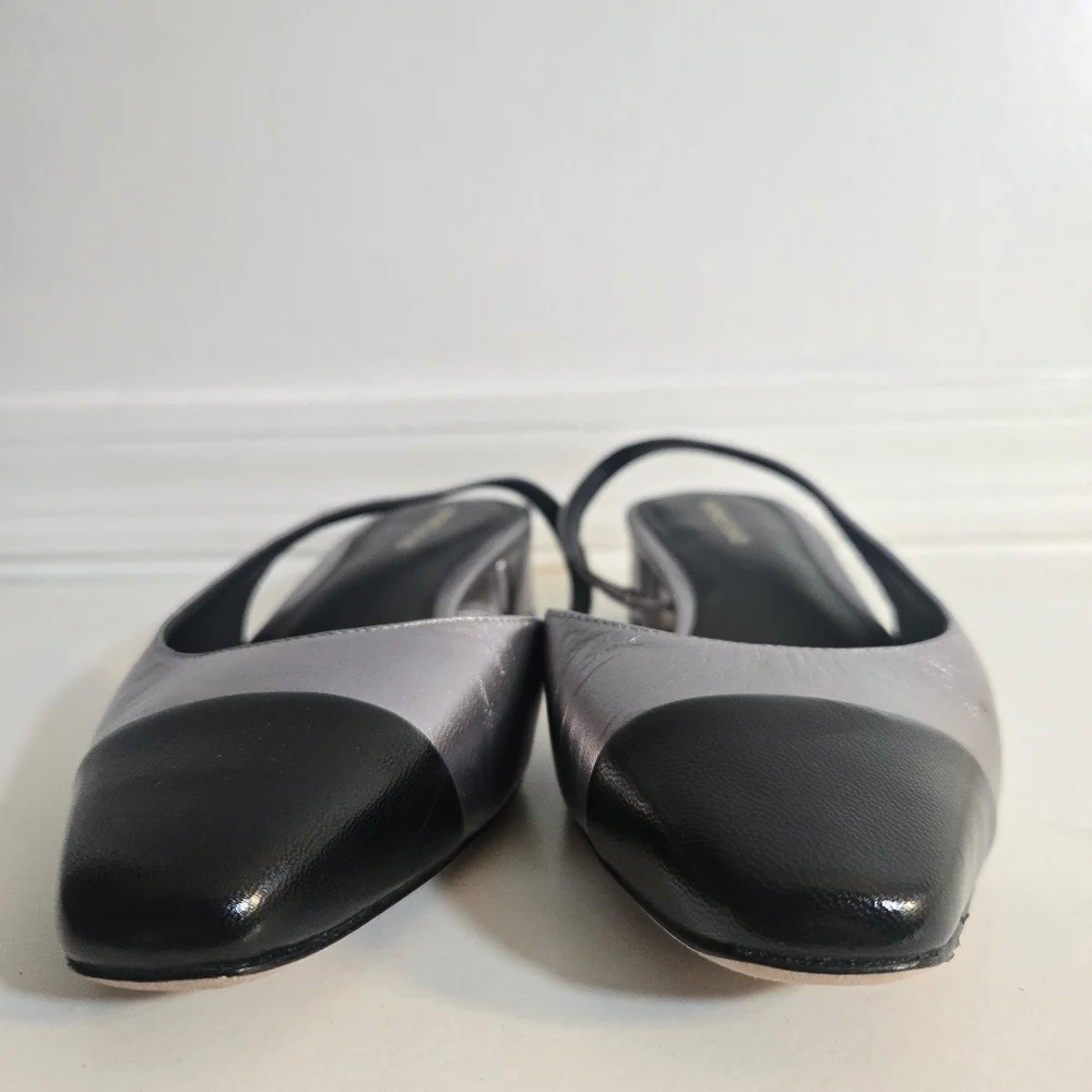 New Veronica Beard Cecile Metallic Silver/Black Leather Slingback Pump 7.5 NWOT